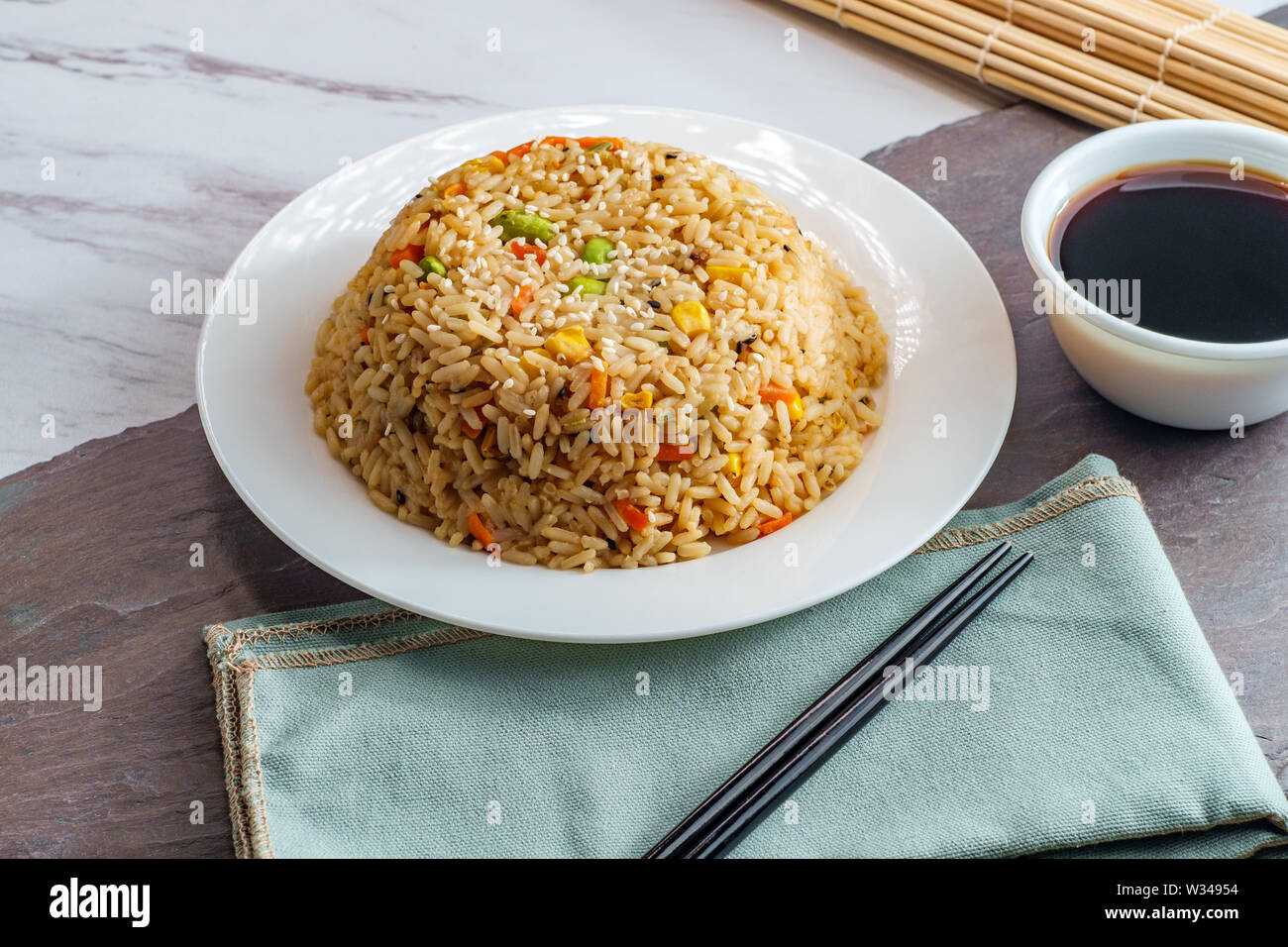 Chinese Food Vegetable Fried Rice With Chopsticks And Soy Sauce Stock Photo Alamy