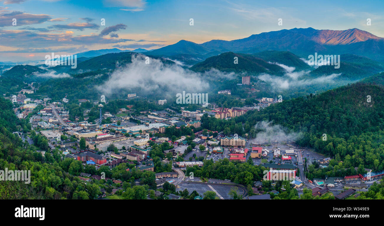 Gatlinburg, Tennessee, USA Downtown Skyline Aerial. Stock Photo