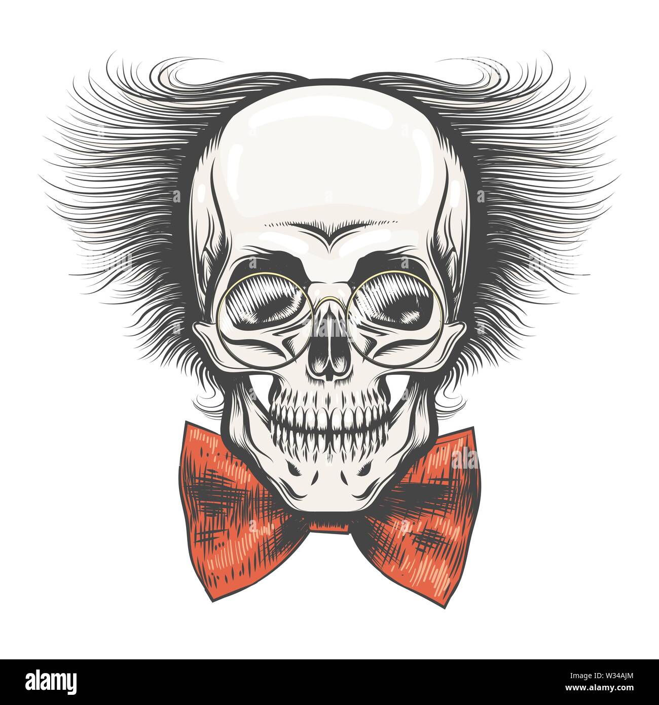 Human Skull in Professor glasses and Red bow tie drawn in tattoo style. Vector illustration. Stock Vector