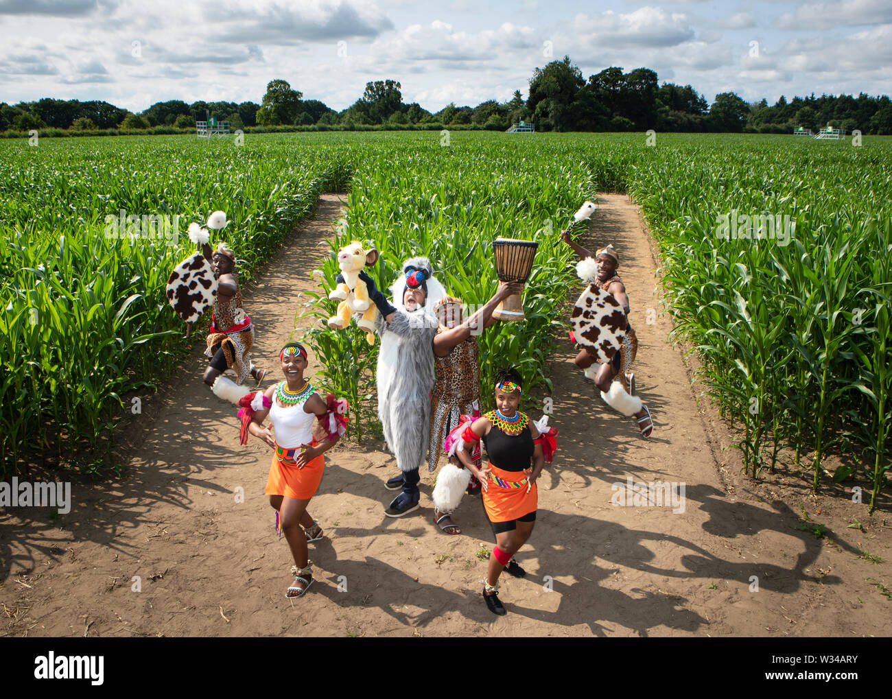 Farmer Tom Pearcy dressed as the Mandrill (Baboon) character from the Lion King, is joined by performance group The Mighty Zulu Nation, dressed in traditional Zulu costumes, during the launch of the 2019 York Maze in York, created from over one million living, growing maize plants, celebrating 25 years of The Lion King. Stock Photo