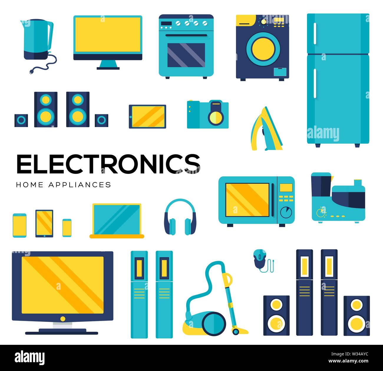 Set of electronics flat colorful icons isolated on white background