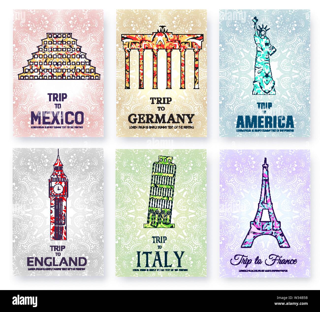 Silhouettes of sightseeing attractions of countries on ornamental background: Mexico, Germany, America, England, Italy, France. Vector set of landmarks banners, cards for tourist projects. Copy space. Stock Vector