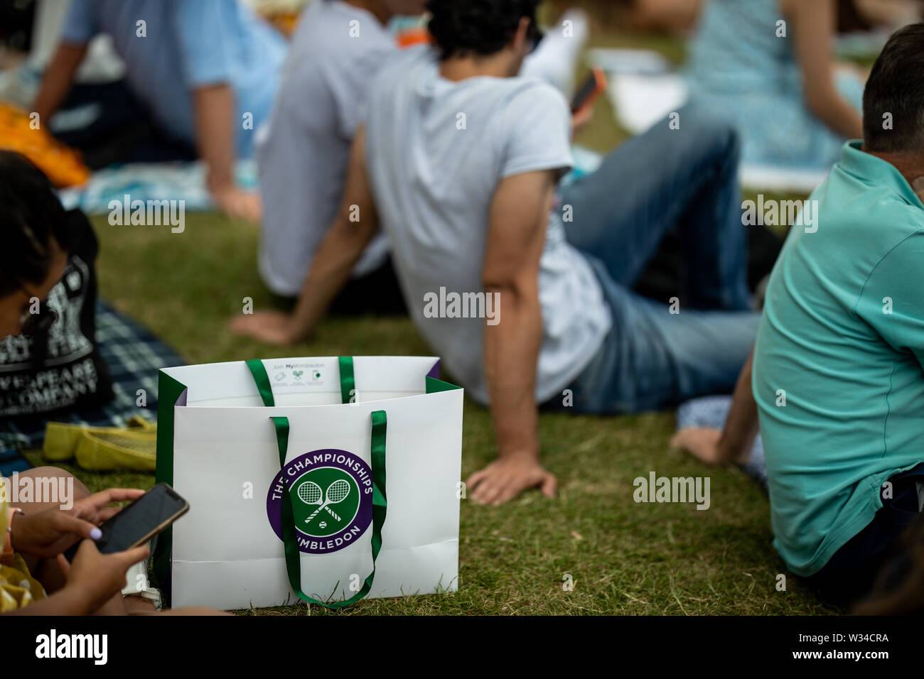 A Wimbledon bag on day eleven of the Wimbledon Championships at the All England Lawn Tennis and Croquet Club, Wimbledon. Stock Photo