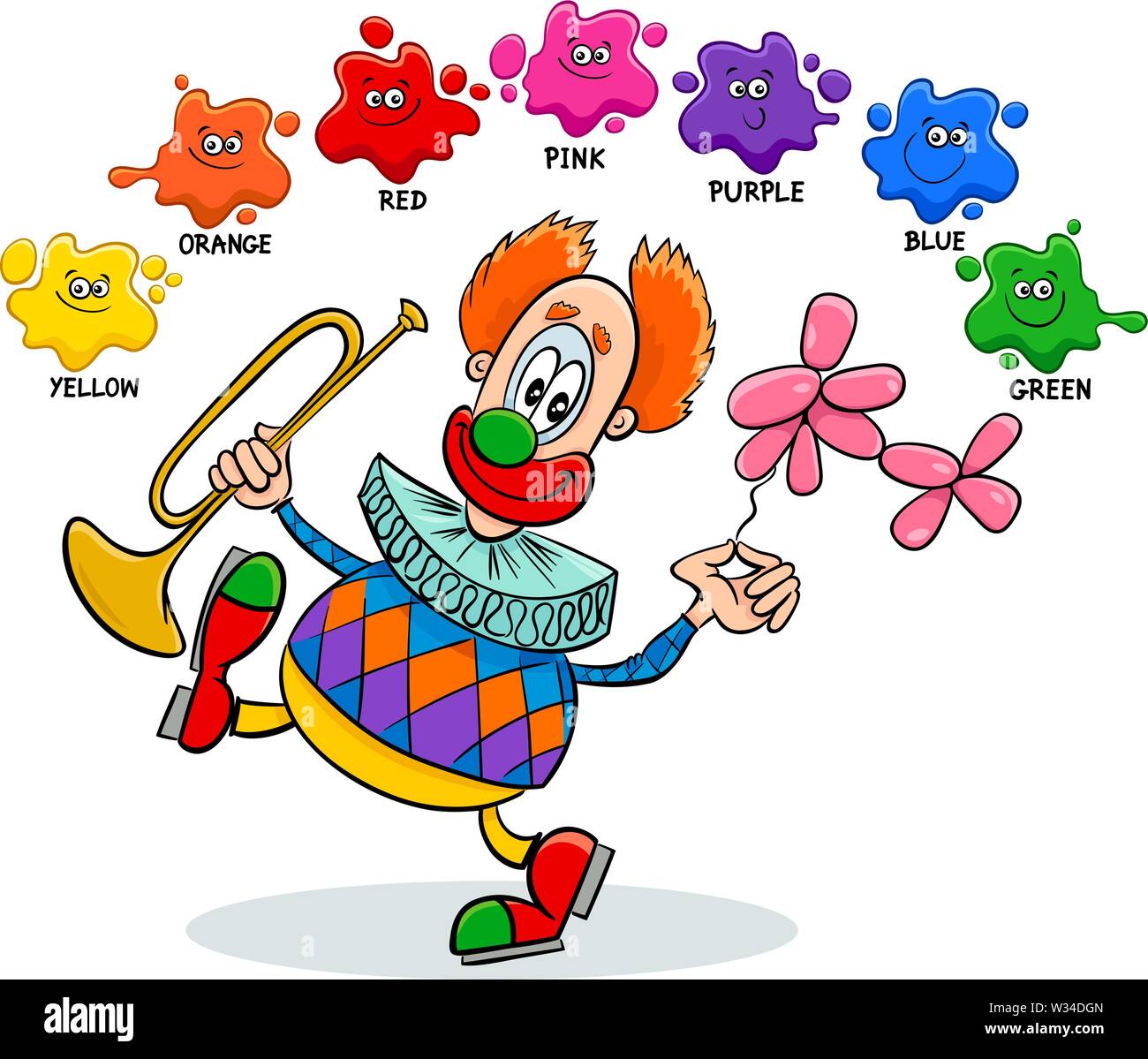 Cartoon Illustration of Basic Colors Educational Worksheet with Funny Clown Character Stock Vector