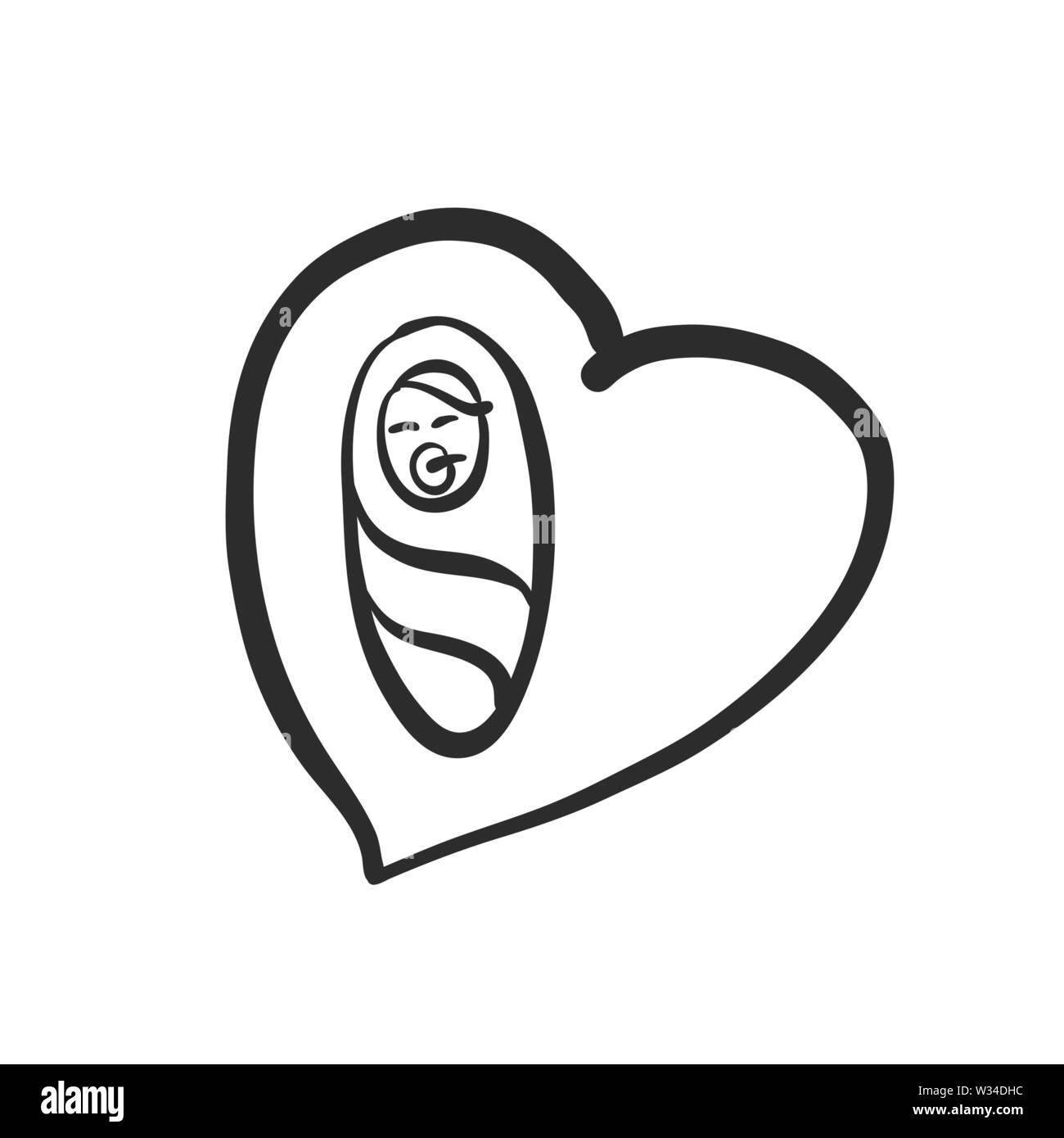 Newborn baby icon in heart. Hand-drawn logo symbol for t-shirt prints and online marketing. Stock Vector