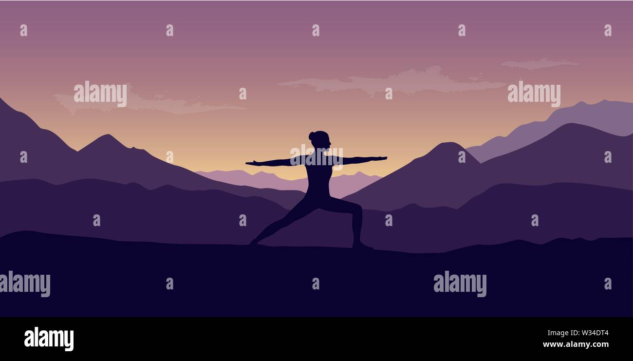 woman makes yoga pose at beautiful purple mountain nature landscape ...