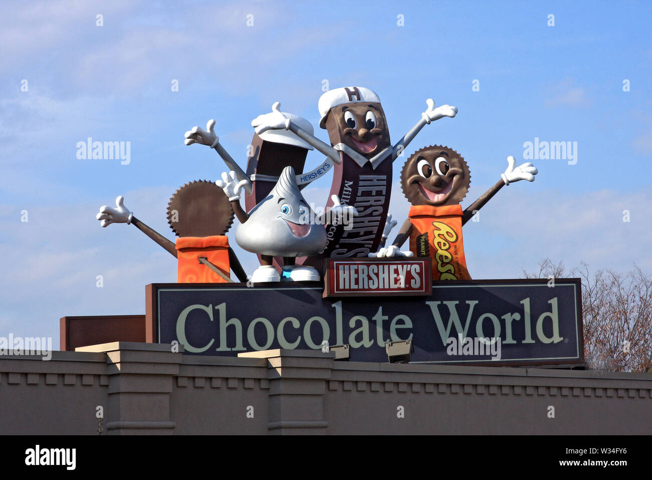 Welcome sign at Hershey's Chocolate World in Pennsylvania, USA Stock Photo