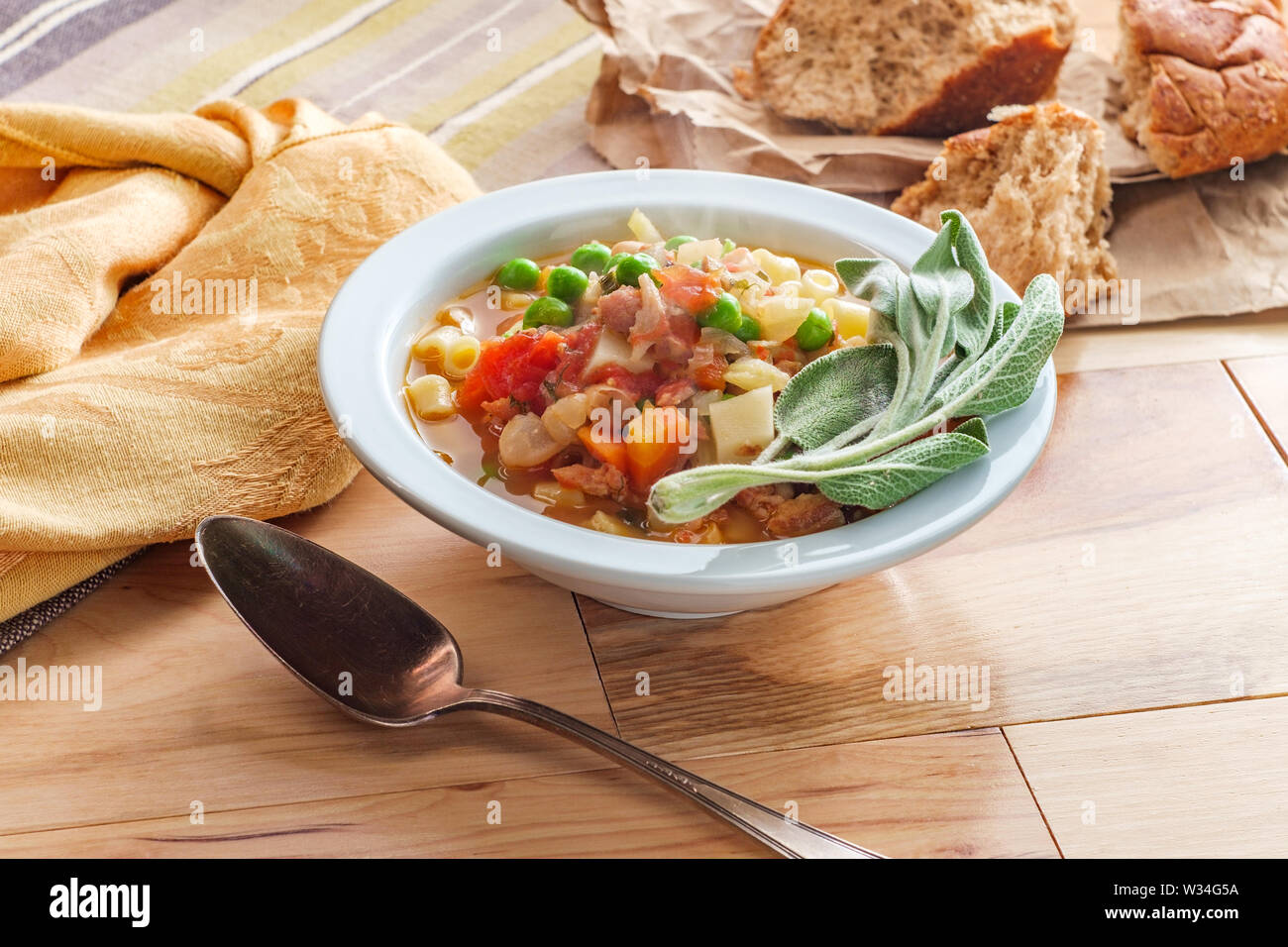 Hearty Italian minestrone soup with sausage and ditalini pasta Stock