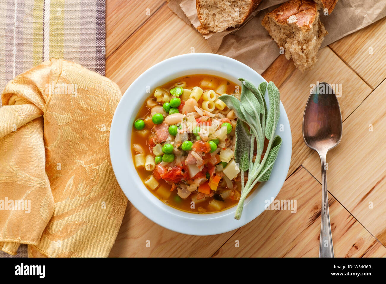 Hearty Italian minestrone soup with sausage and ditalini pasta Stock