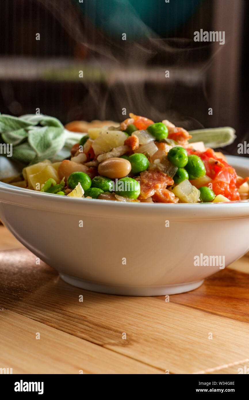 Hearty Italian minestrone soup with sausage and ditalini pasta Stock