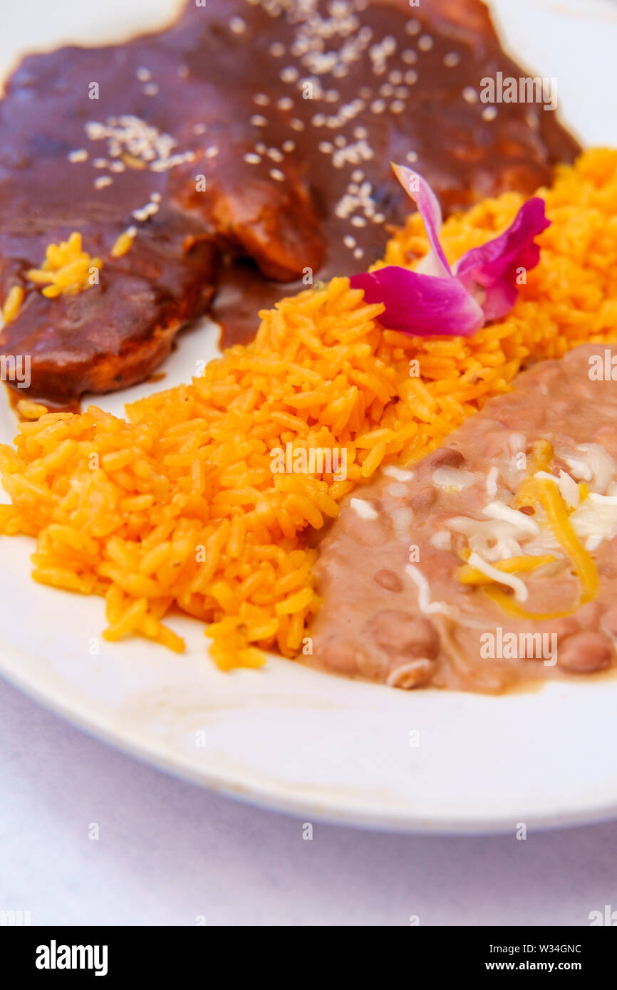 Mexican mole poblano chicken with rice and refried pinto beans Stock