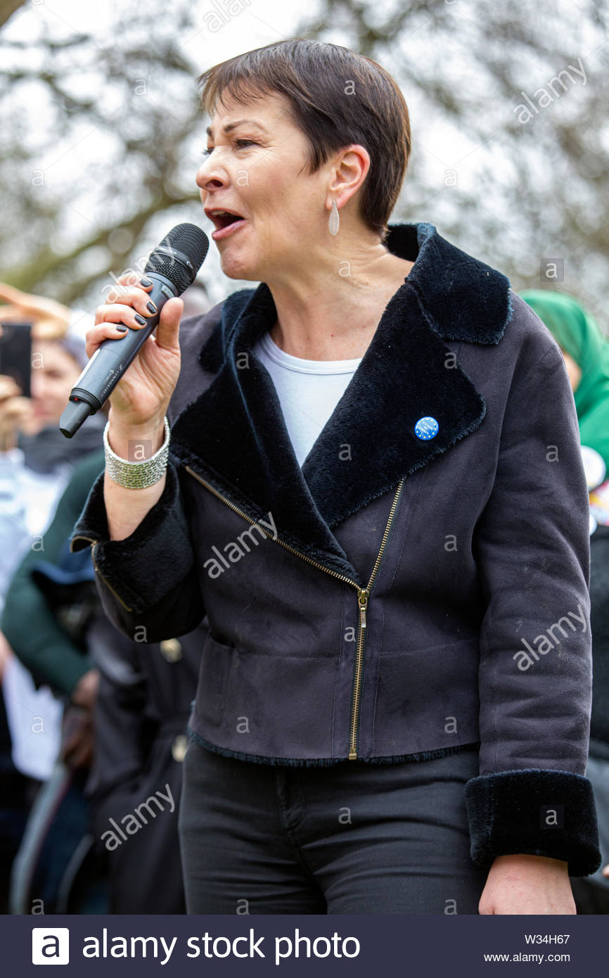 Green Party MP, Caroline Lucas, addresses the crowd at a People's Vote rally in London. Stock Photo