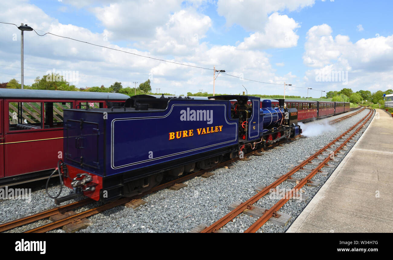 Blickling Hall Narrow Gauge Steam Train at Wroxham Station on the Bure Valley Railway Norfolk. Stock Photo