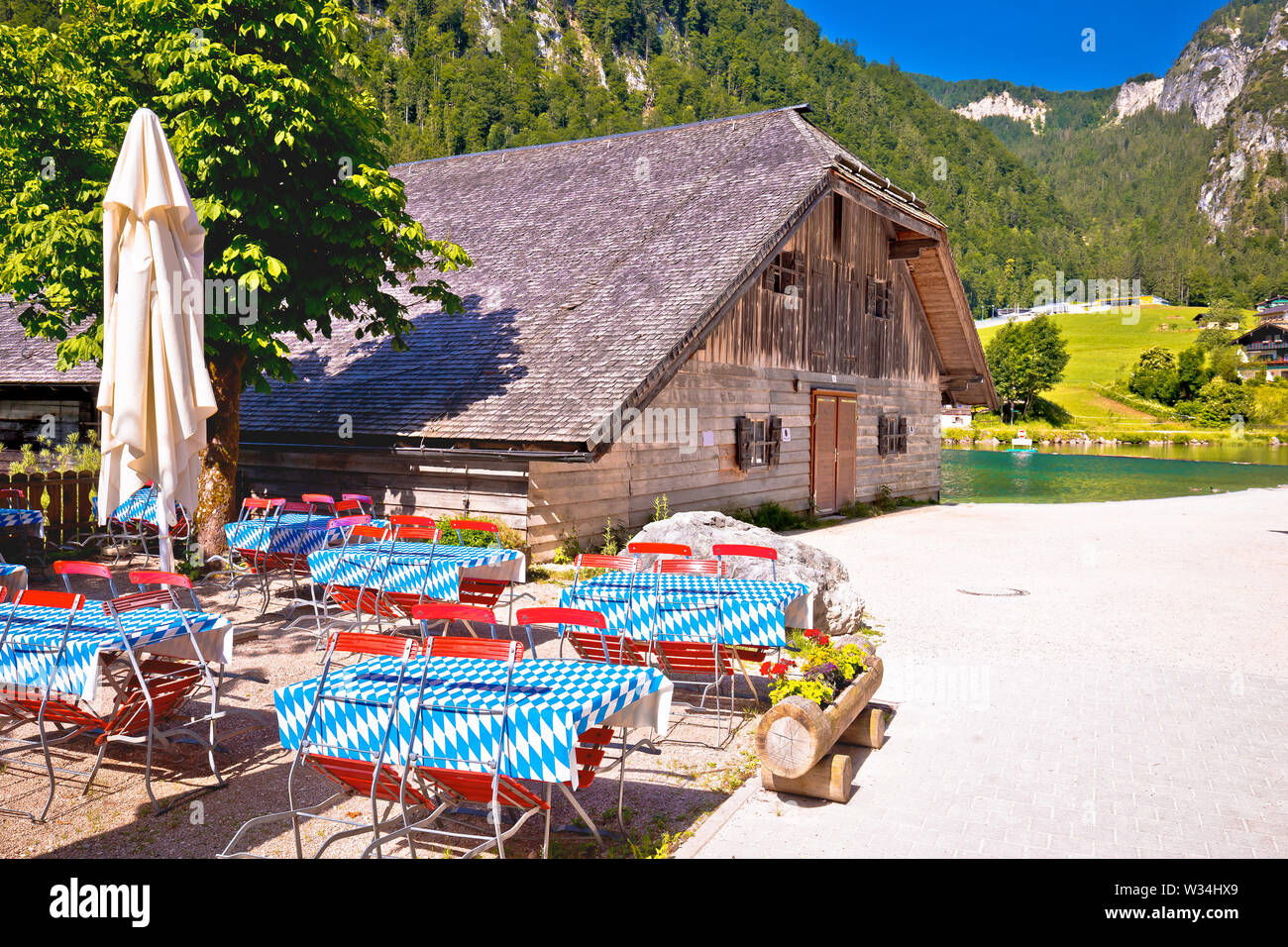 Konigssee coast Bavarian Alpine landscape and old wooden architecture ...