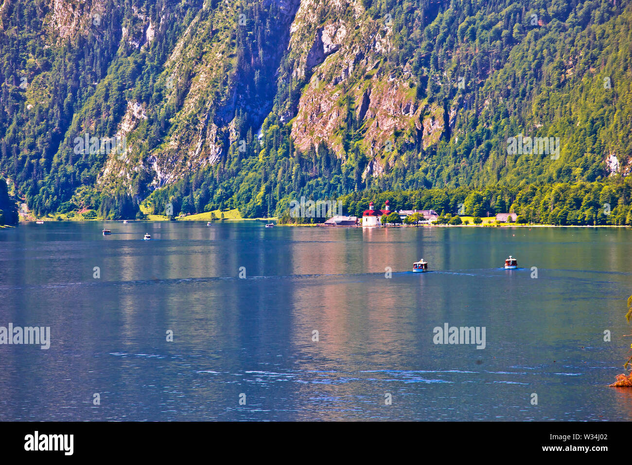 Konigssee Alpine lake and St. Bartholomew church view, Berchtesgadener ...