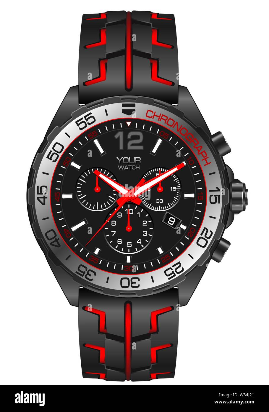 Red grey steel watch clock chronograph for men on white background design modern vector illustration. Stock Vector