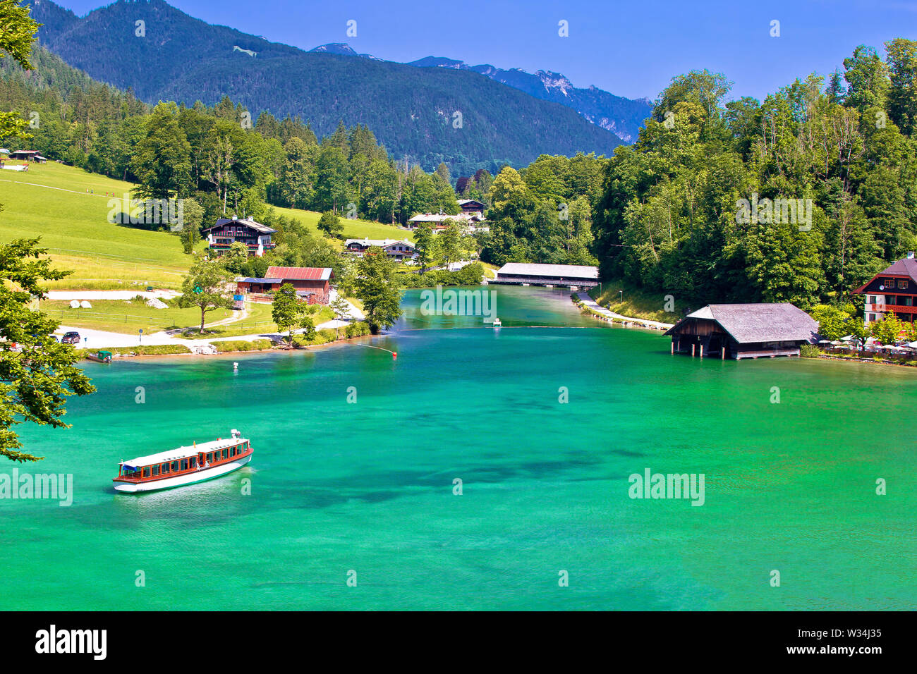 Konigssee Alpine lake coastline view, Berchtesgadener Land, Bavaria, Germany Stock Photo