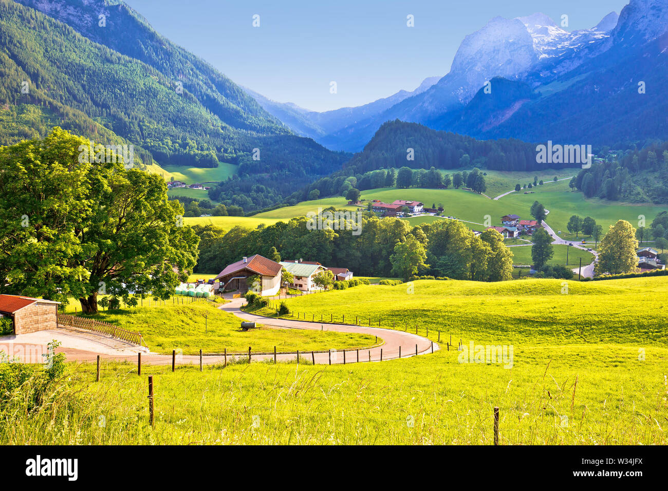 Ramsau valley in Berchtesgaden Alpine region landscape view, Bavaria region of Germany Stock Photo