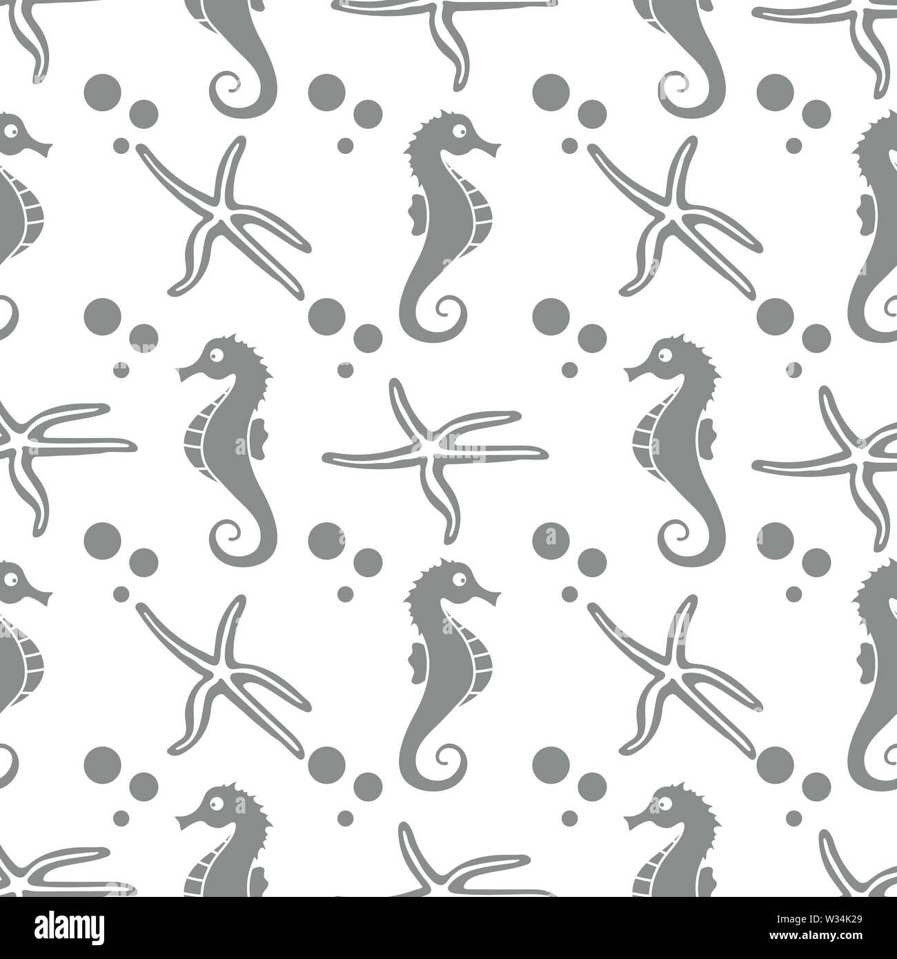 Vector seamless pattern with sea horses, starfish and bubbles. Marine ...