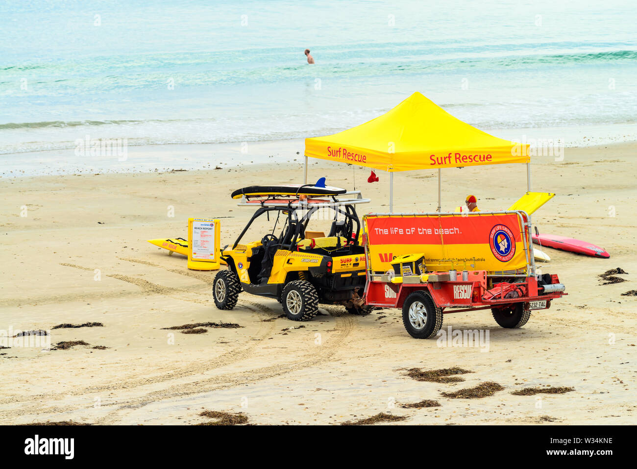 Adelaide, Australia - February 17, 2019: Aldinga Bay Surf Life Saving rescue team on duty during hot summer weekend Stock Photo