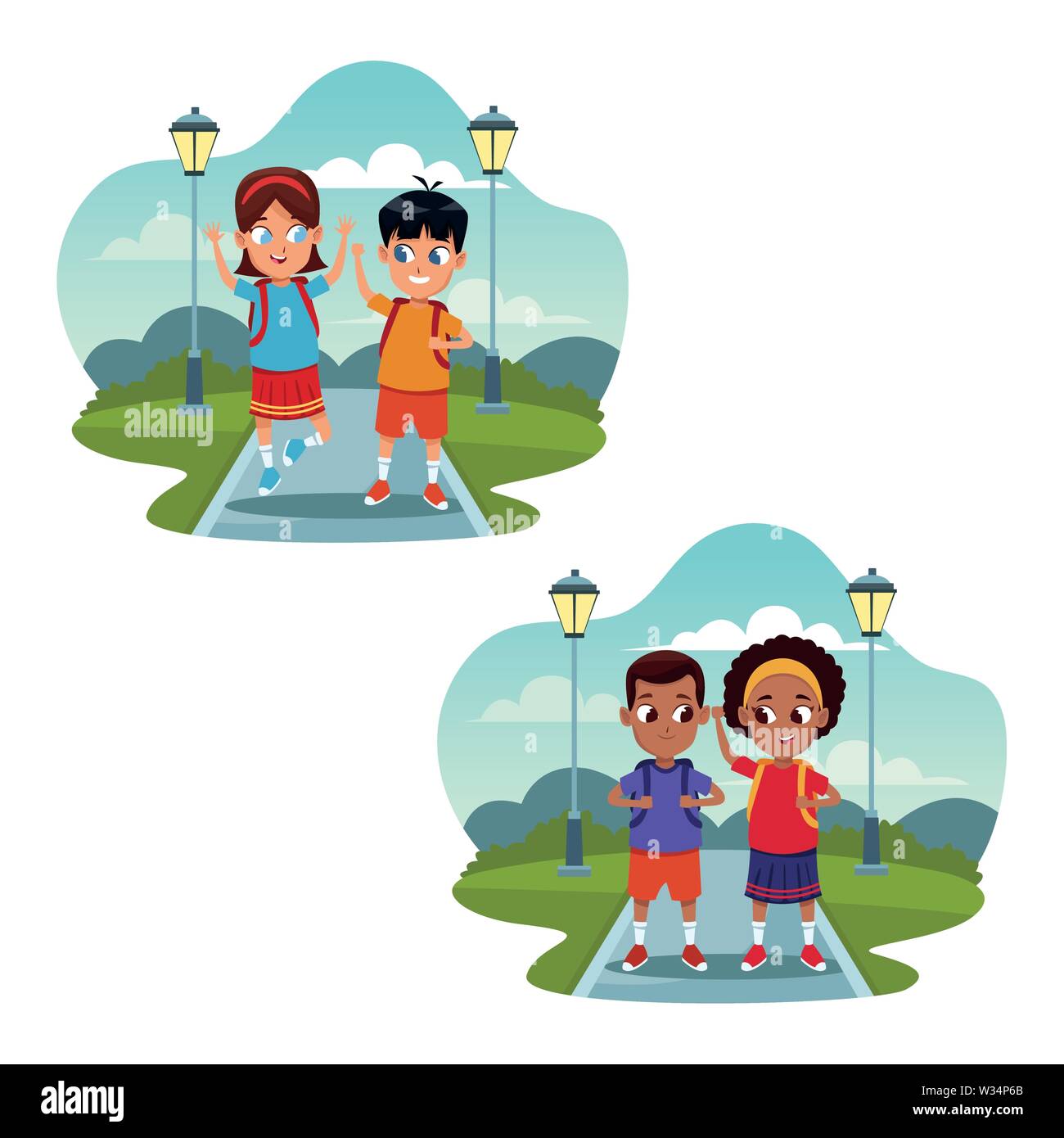 School kids with backpack cartoons Stock Vector Image & Art - Alamy