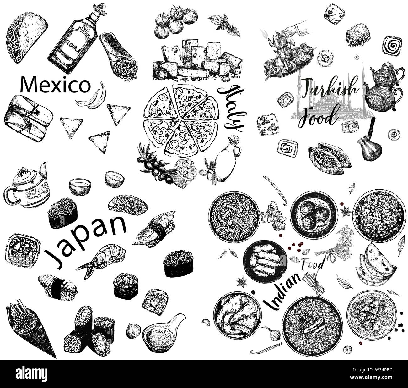 Set of hand drawn sketch style different Mexican, Italian, Turkish, Japanese and Indian food isolated on white background. Vector illustration. Stock Vector