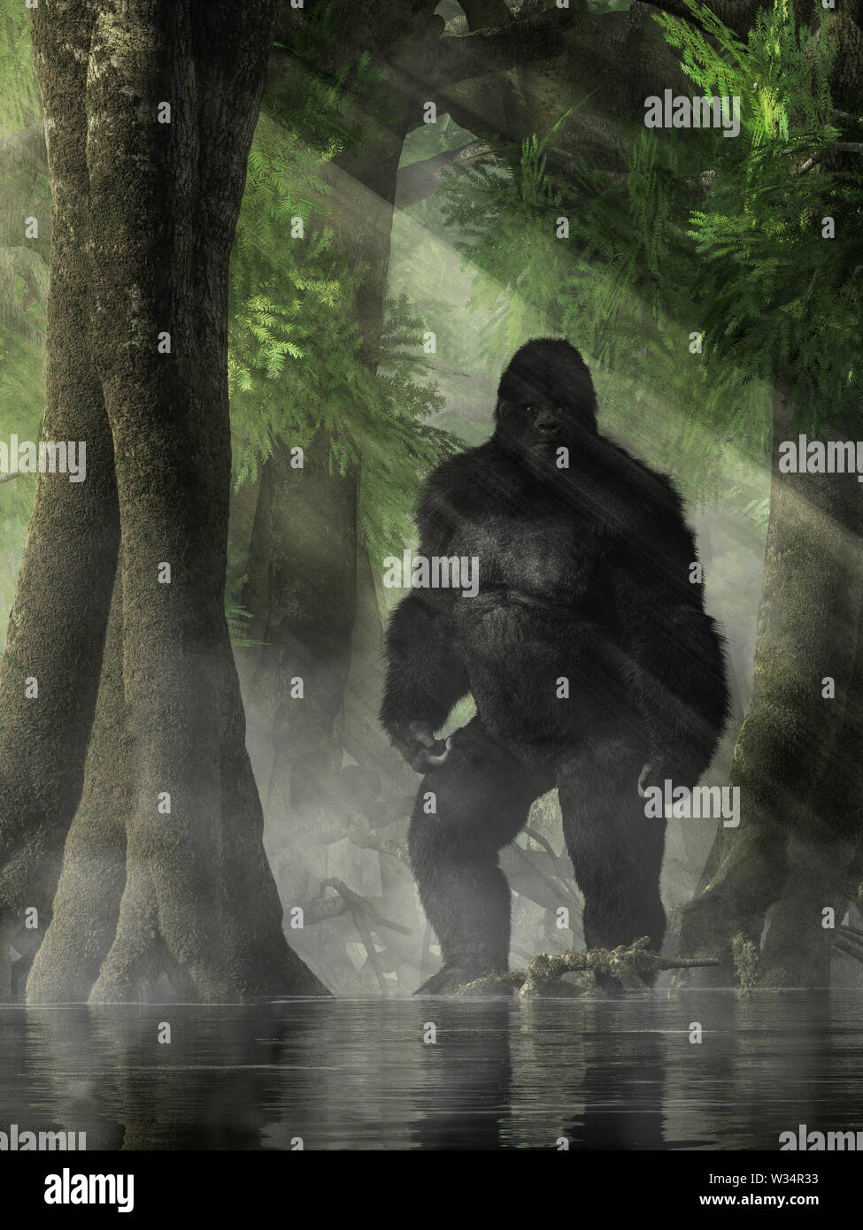 Covered in dark hair, the skunk ape has many names. It's a bigfoot like creature of legend in the Southeastern U.S. Said to inhabit swamps and marshes Stock Photo
