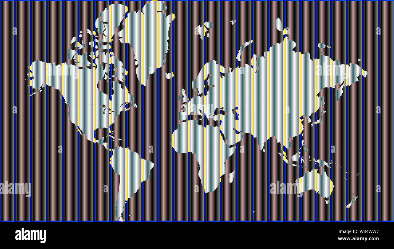 Detailed world map with all countries and subcontinents. Illustration of globe map with geometric shapes pattern imposed. Stock Photo