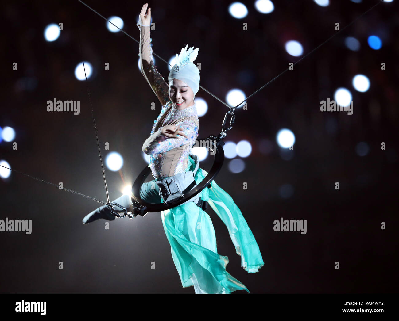 Gwangju, South Korea. 12th July, 2019. An actress performs at the opening ceremony of the FINA World Championships in Gwangju, South Korea, July 12, 2019. Credit: Li Gang/Xinhua/Alamy Live News Stock Photo