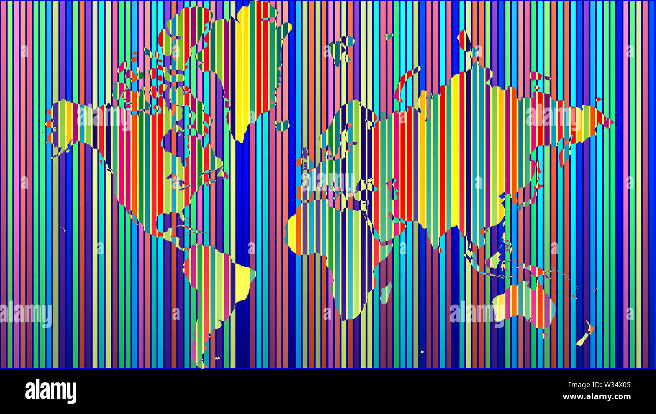 Detailed world map with all countries and subcontinents. Illustration of globe map with geometric shapes pattern imposed. Stock Photo
