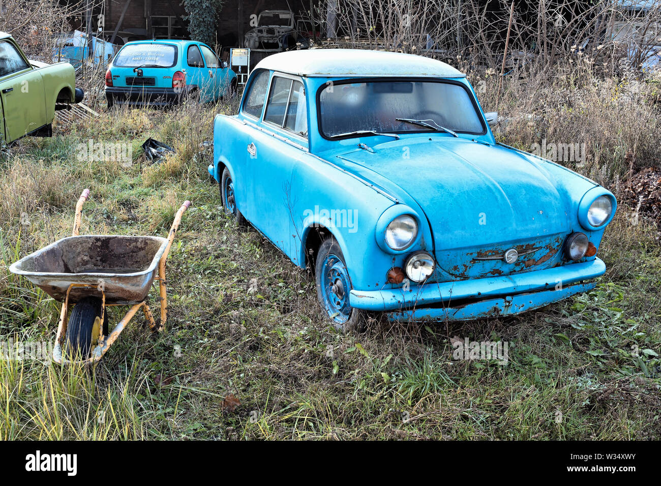 old passenger car Trabant on a property in Magdeburg Stock Photo