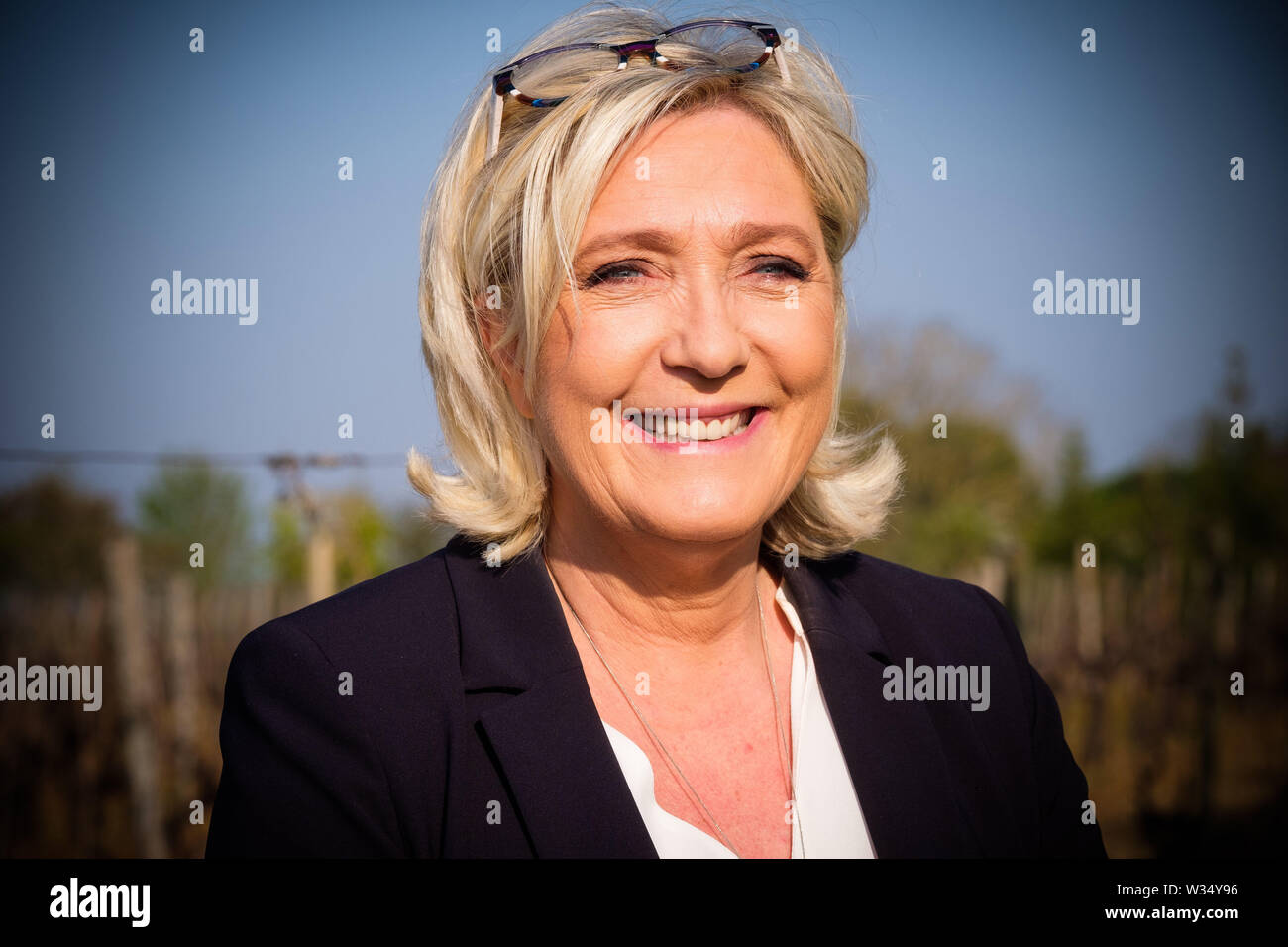 Marine Le Pen in campaign for the European elections  in Chassors (central western France) on April 12, 2019 Stock Photo
