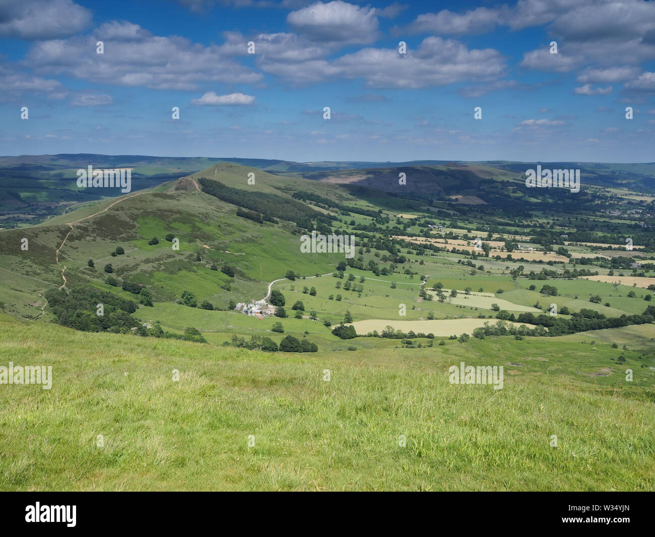 View from Mam Tor over Edale and Hope valleys, Back Tor and Lose Hill, Peak District, UK Stock Photo