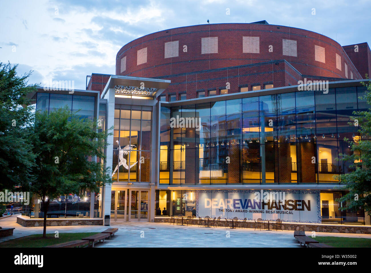 GREENVILLE, SC (USA) - July 5, 2019: A view of the Peace Center for the performing arts at dusk in downtown Greenville. Stock Photo