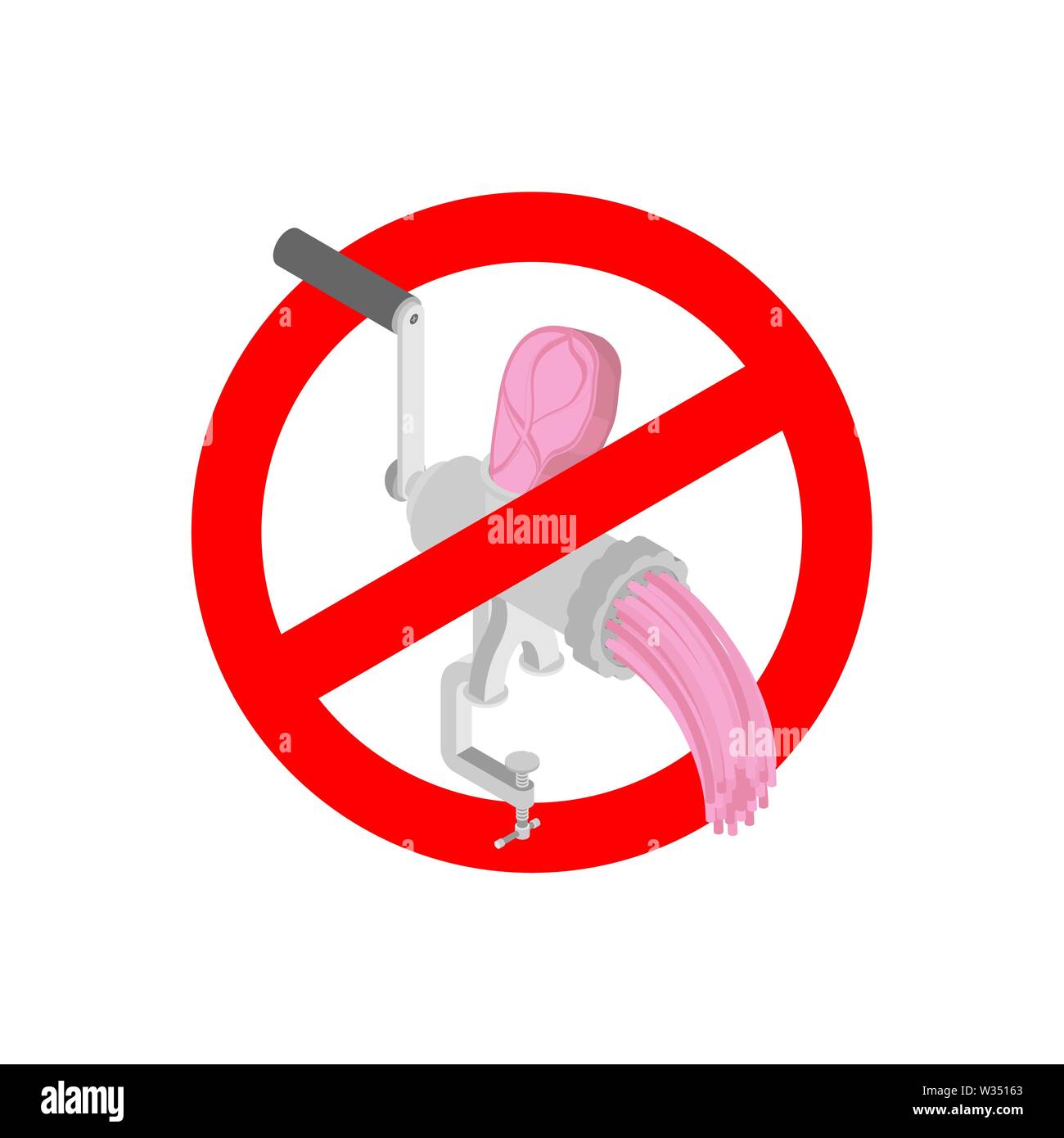 Stop Meat grinder. Vegetarian symbol. Ban mincing machine. hasher. Vector meat-chopper. Red prohibition road sign Stock Vector