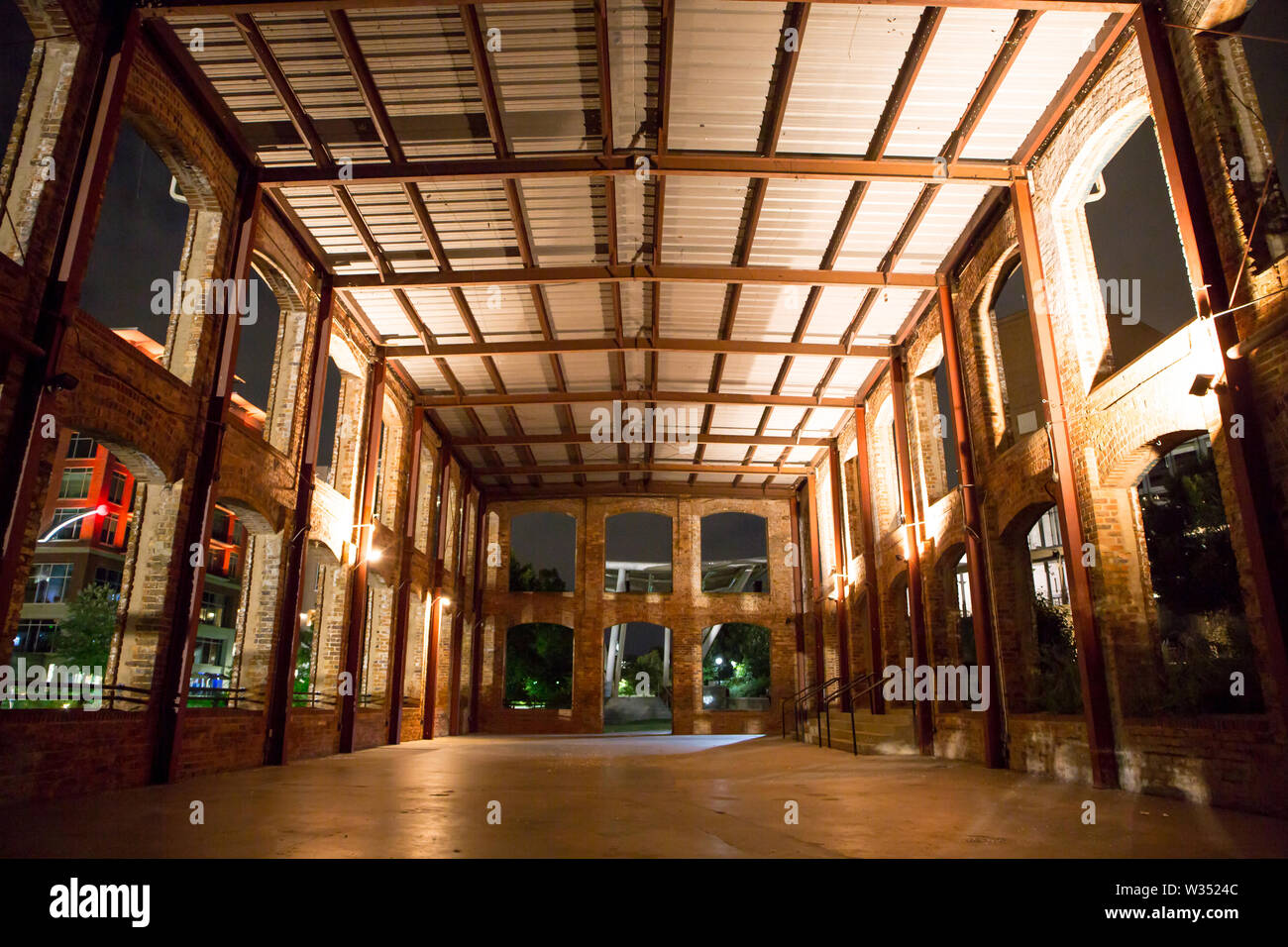 GREENVILLE, SC (USA) - July 5, 2019:  Interior view of the Wyche Pavilion along the downtown River Walk at night. Stock Photo