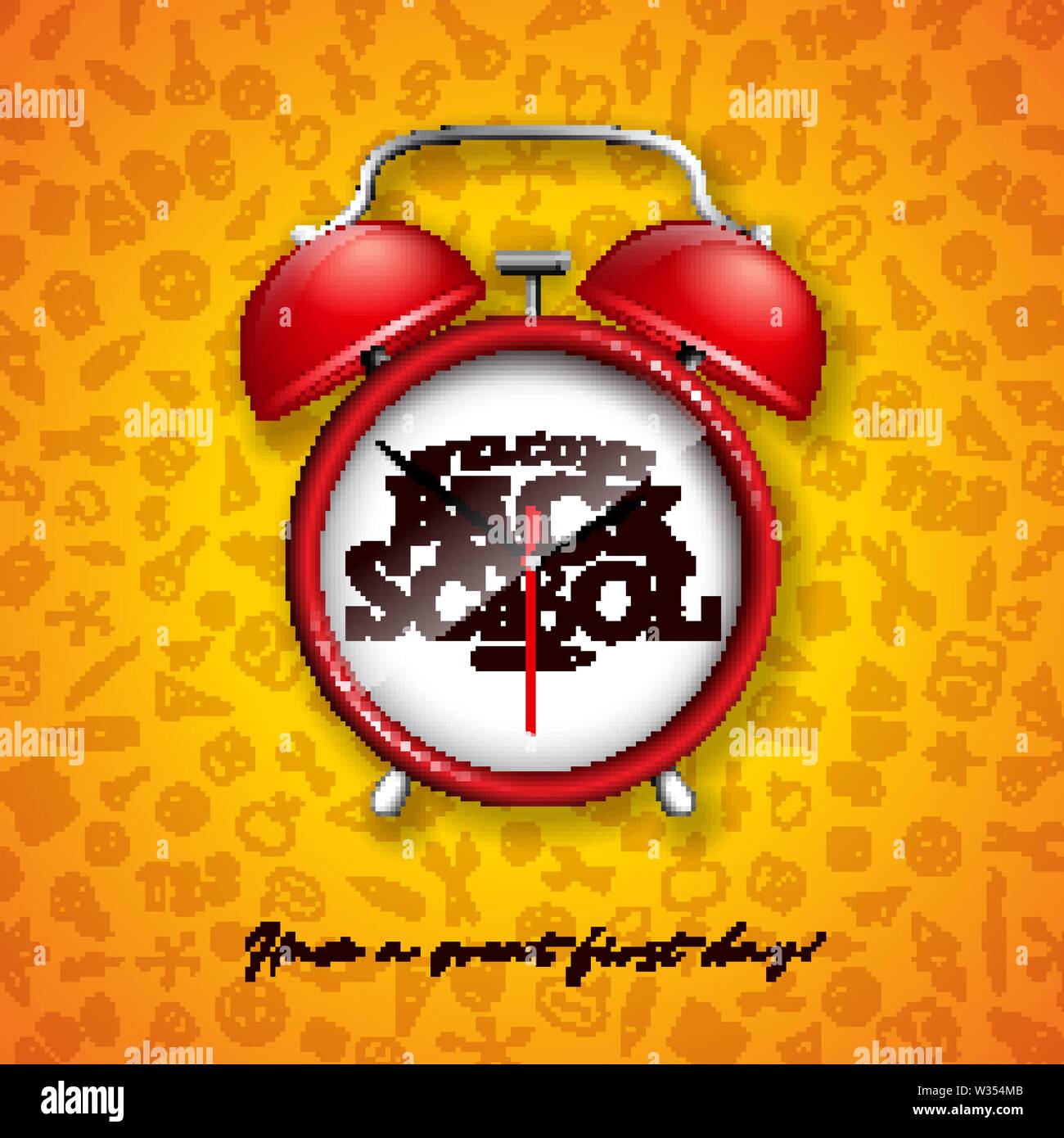 Back to school design with red alarm clock and typography on yellow ...