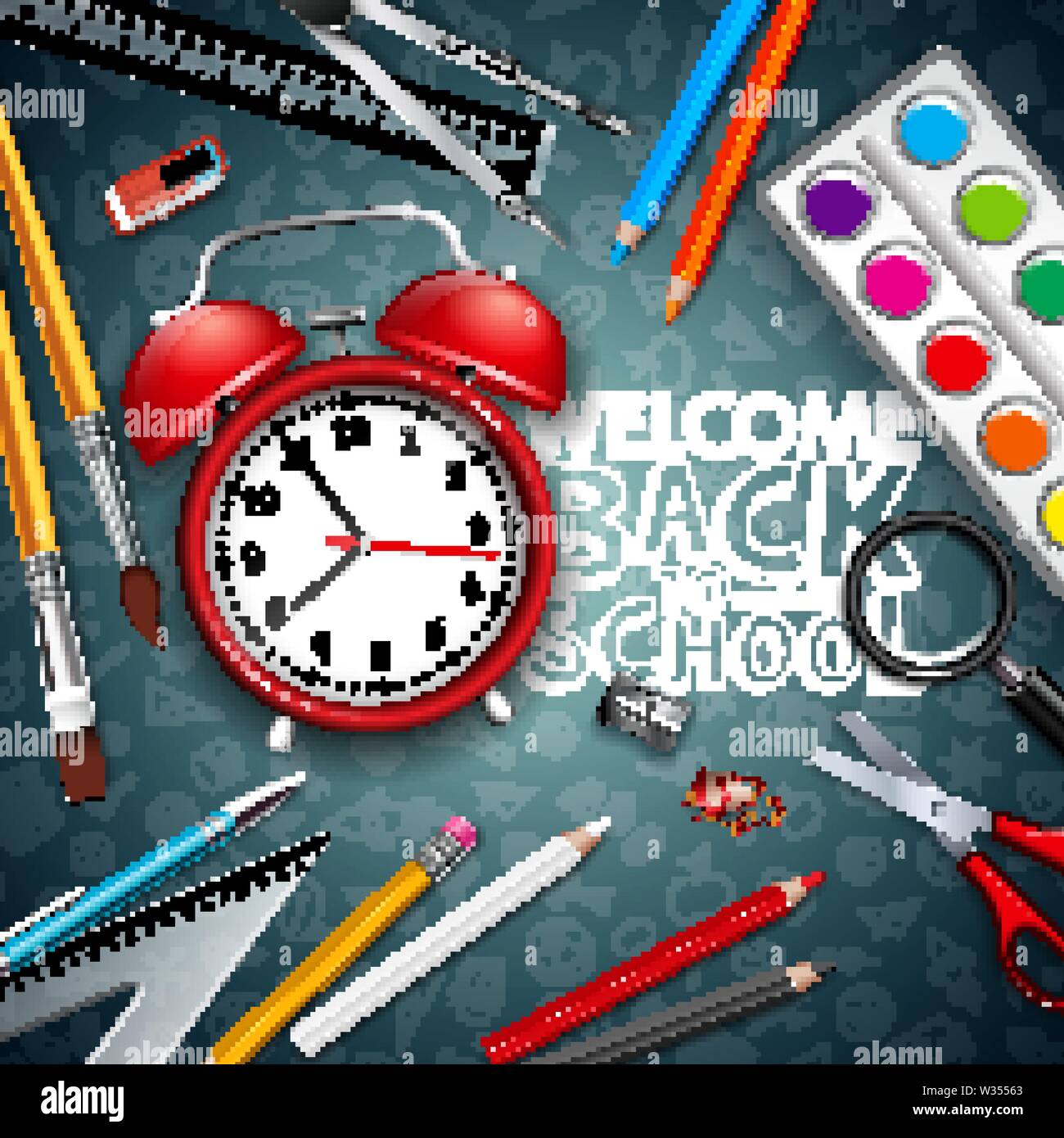 Back to school design with red alarm clock and typography on black ...