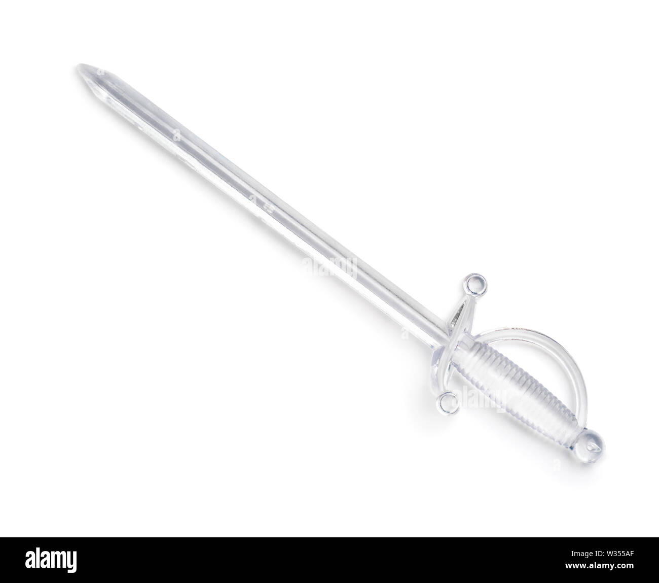 Top view of transparent plastic sword skewer isolated on white Stock Photo