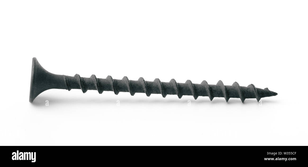 Side view of black drywall screw isolated on white Stock Photo