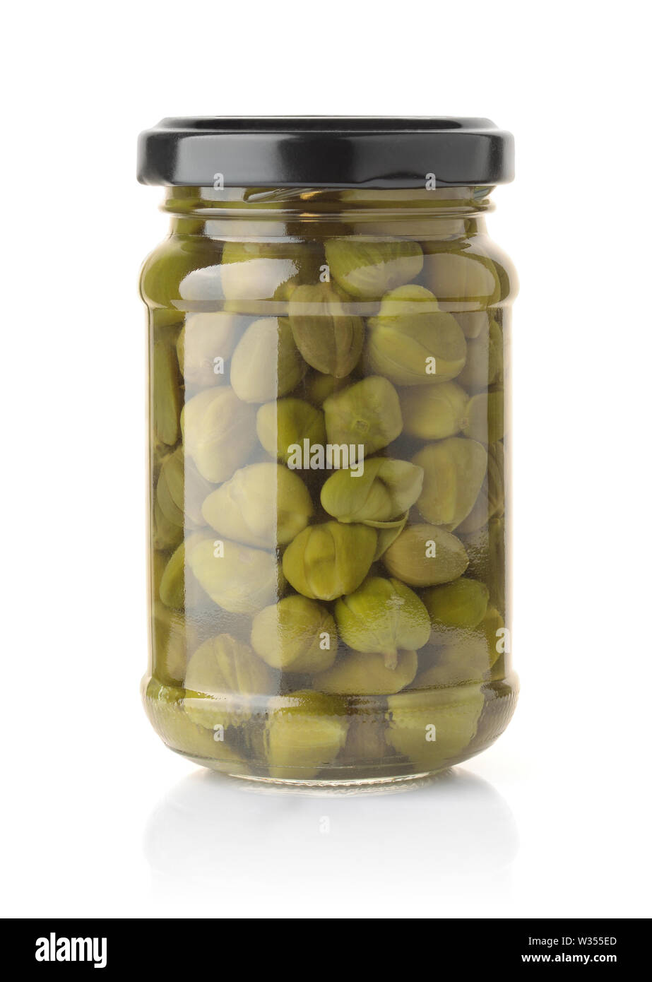 Glass jar of pickled capers isolated on white Stock Photo