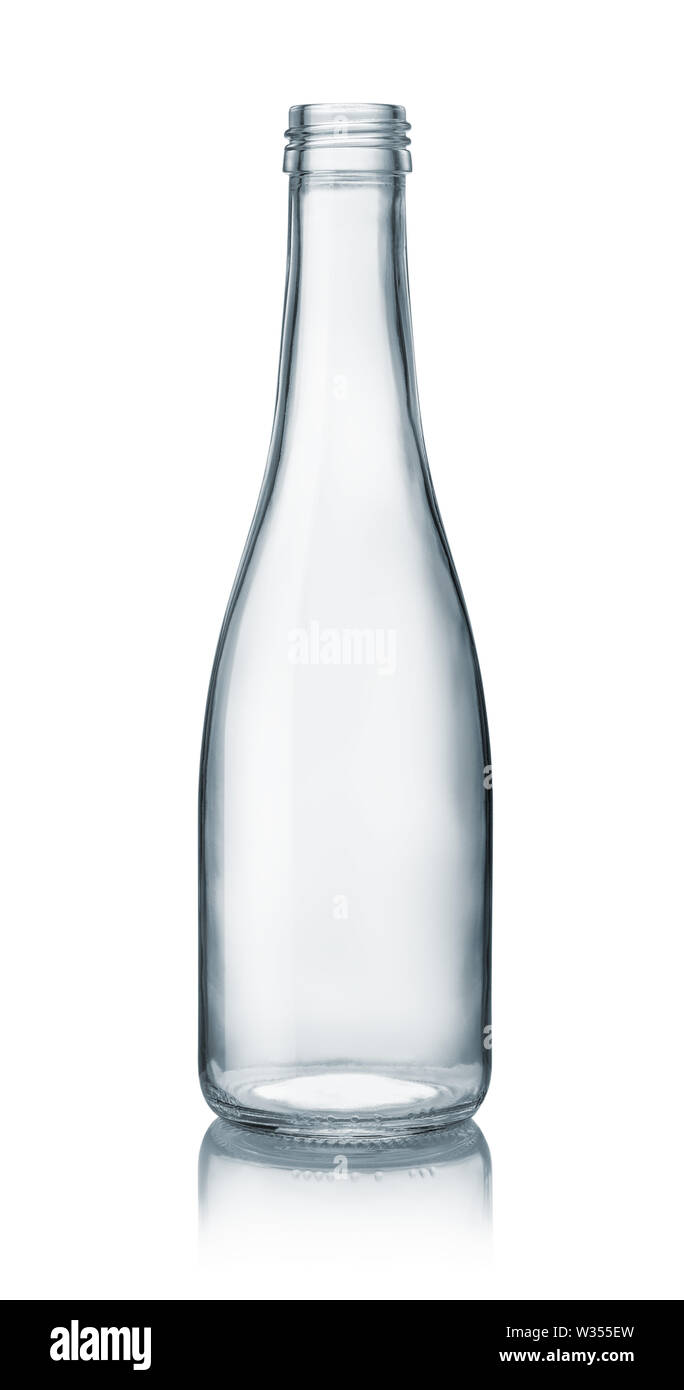 Front view of empty clear glass bottle isolated on white Stock Photo