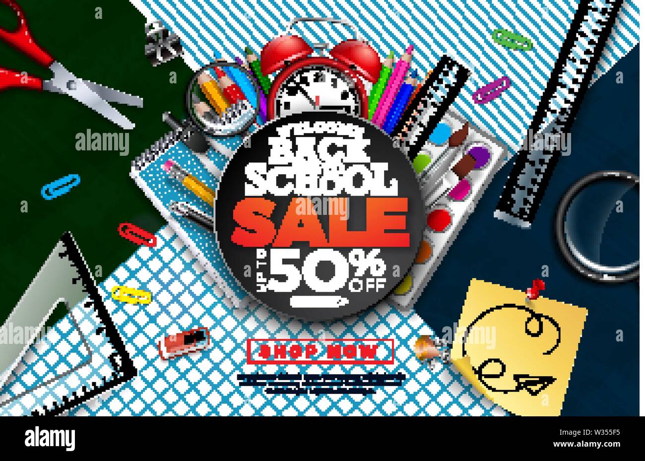 Back to School Sale Design with Alarm Clock, Colorful Pencil, Brush and ...