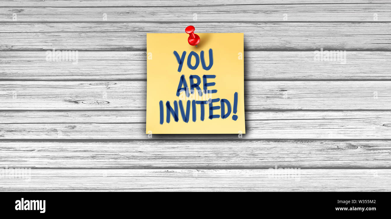 Invitation greeting as a yellow business note paper with thumb tack on white wood background with 3D illustration elements. Stock Photo