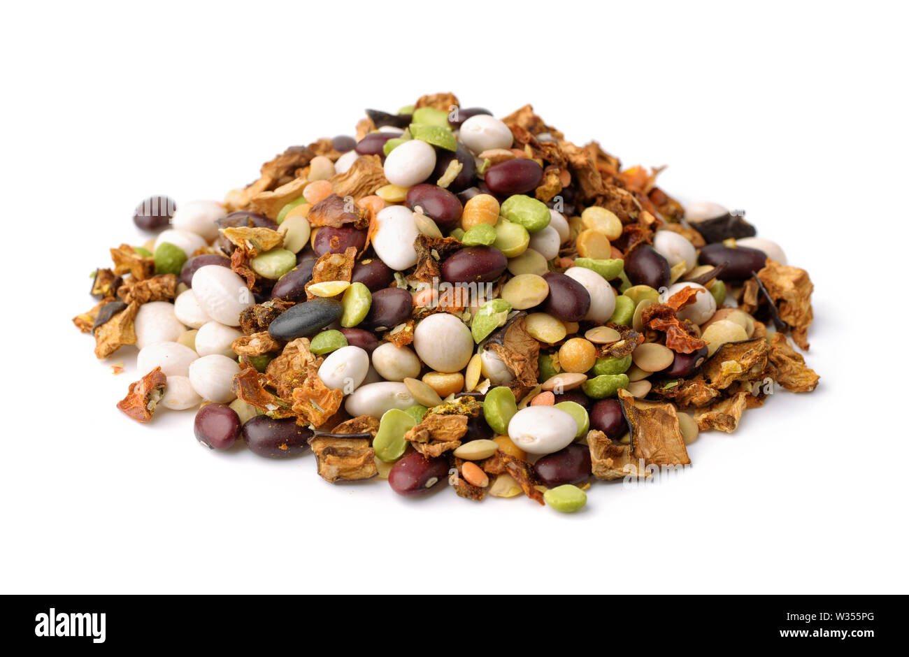 Pile of dry beans and vegetables soup mix isolated on white Stock Photo