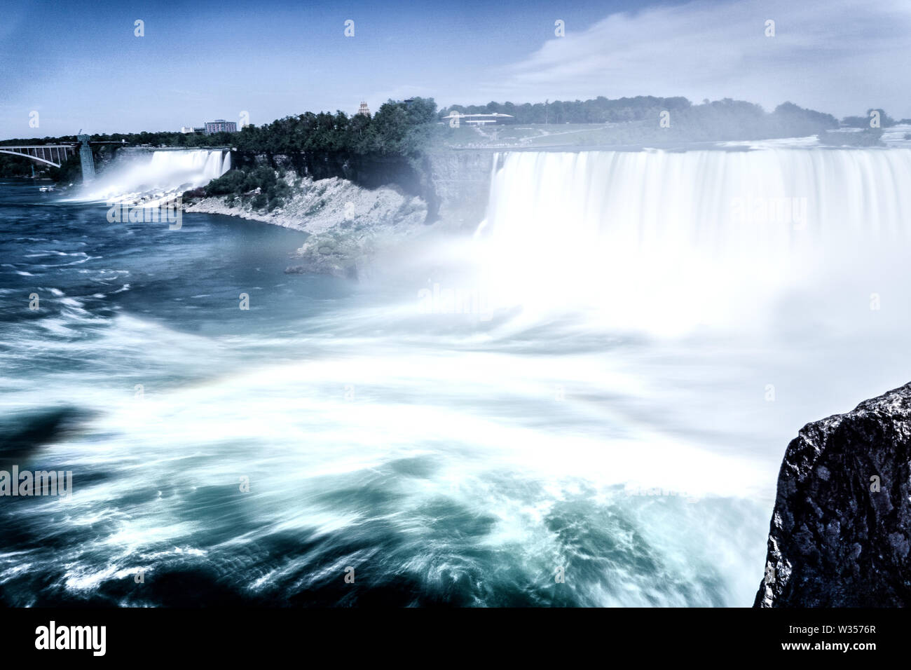 Canada Ontario Niagara Falls June 2019, View of the Canadian and American Niagara Waterfall and the border bridge to America Stock Photo