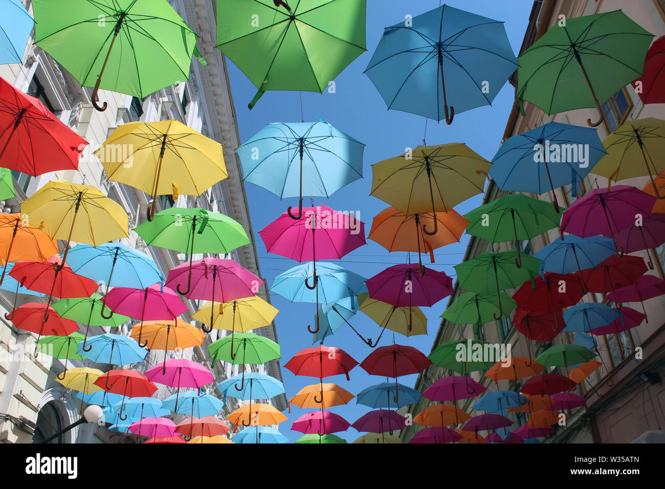 Coloured umbrellas from Timisoara, Romania, 2019 Stock Photo