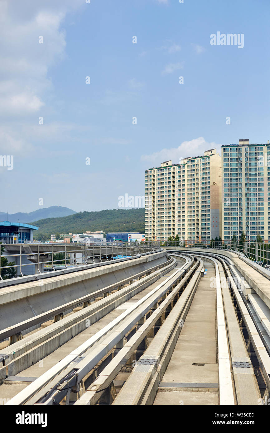 Light rail train in downtown Gyeonggi-do Province, South Korea. Stock Photo