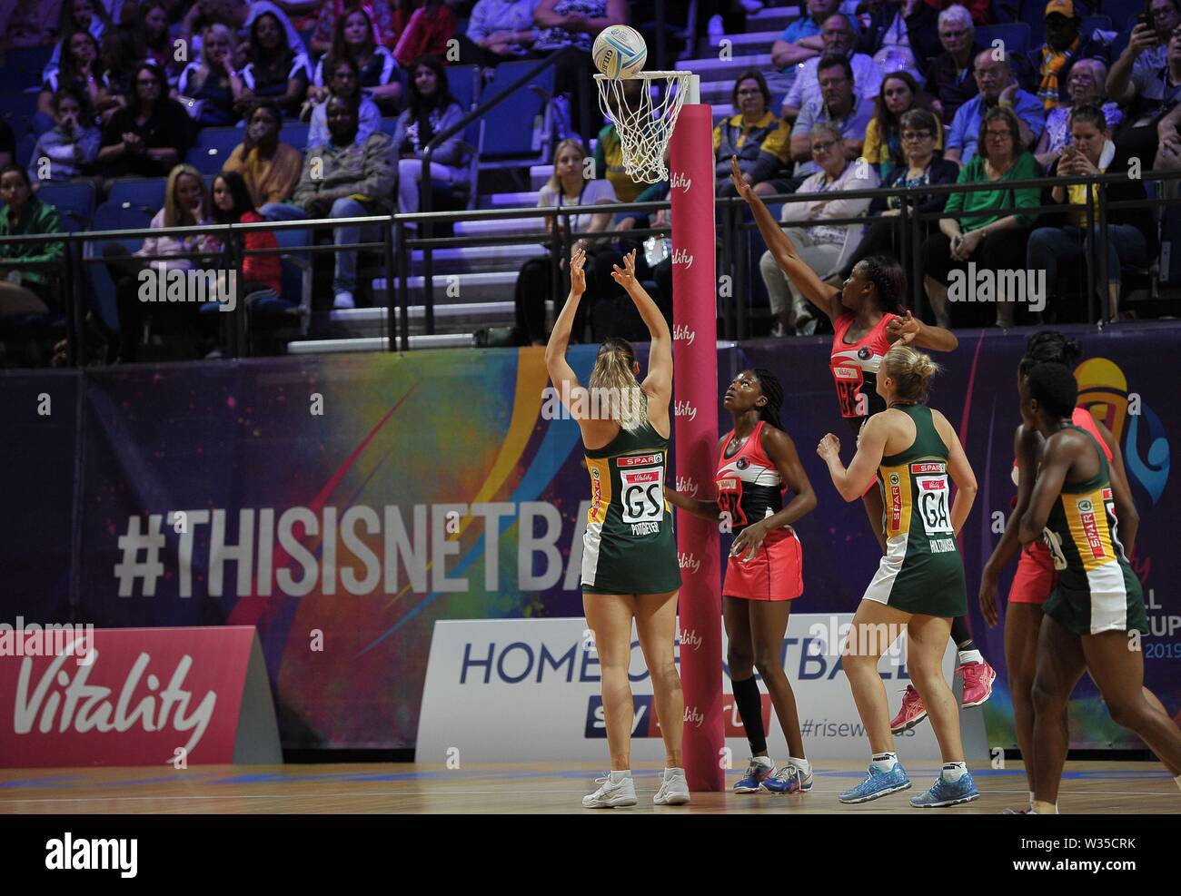 Liverpool. United Kingdom. 12 July 2019. Lenize Potgieter (South Africa) scores during the Preliminary game between South Africa and Trinidad and Tobago at the Netball World Cup. M and S arena, Liverpool. Merseyside. UK. Credit Garry Bowdenh/SIP photo agency/Alamy live news. Stock Photo
