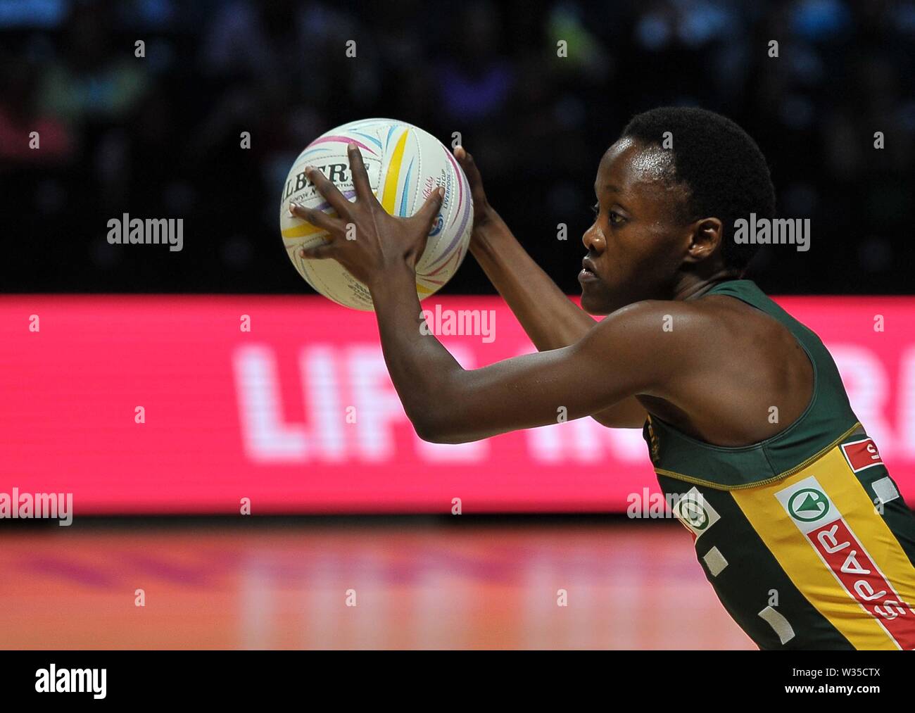 Liverpool. United Kingdom. 12 July 2019. Bongiwe Msomi (South Africa) during the Preliminary game between South Africa and Trinidad and Tobago at the Netball World Cup. M and S arena, Liverpool. Merseyside. UK. Credit Garry Bowdenh/SIP photo agency/Alamy live news. Stock Photo